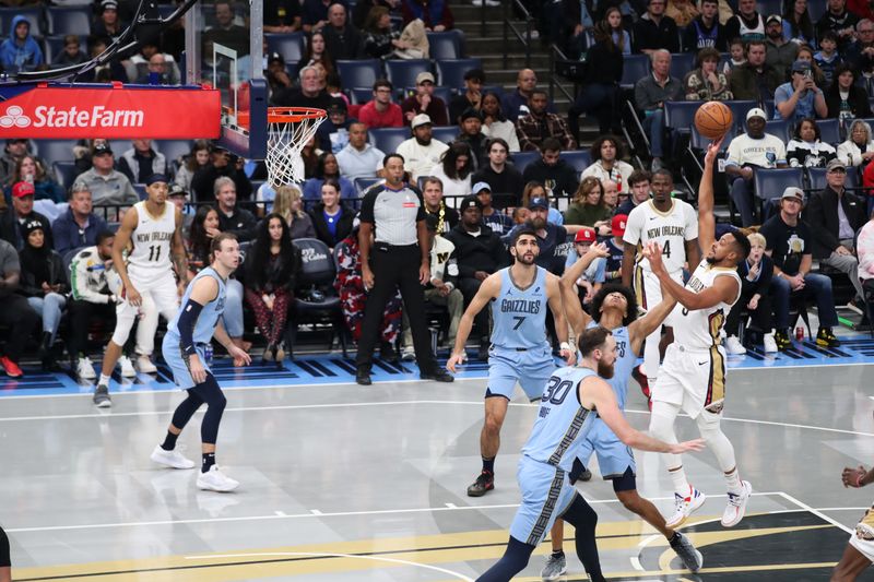 MEMPHIS, TN - NOVEMBER 29: CJ McCollum #3 of the New Orleans Pelicans shoots the ball during the game against the Memphis Grizzlies during the Emirates NBA Cup game on November 29, 2024 at FedExForum in Memphis, Tennessee. NOTE TO USER: User expressly acknowledges and agrees that, by downloading and or using this photograph, User is consenting to the terms and conditions of the Getty Images License Agreement. Mandatory Copyright Notice: Copyright 2024 NBAE (Photo by Joe Murphy/NBAE via Getty Images)