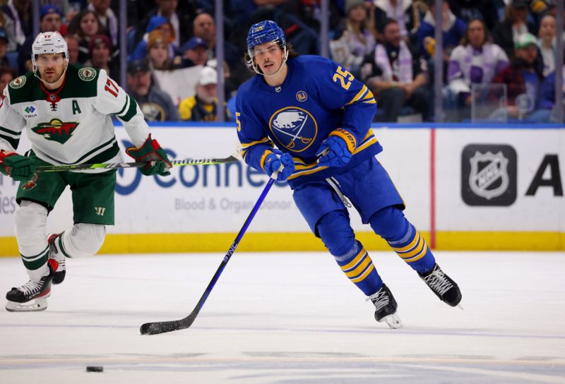 Nov 10, 2023; Buffalo, New York, USA;  Buffalo Sabres defenseman Owen Power (25) during the third period against the Minnesota Wild at KeyBank Center. Mandatory Credit: Timothy T. Ludwig-USA TODAY Sports