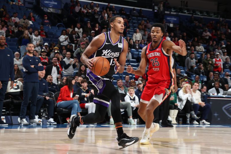 NEW ORLEANS, LA - DECEMBER 12: Keegan Murray #13 of the Sacramento Kings dribbles the ball during the game against the New Orleans Pelicans on December 12, 2024 at the Smoothie King Center in New Orleans, Louisiana. NOTE TO USER: User expressly acknowledges and agrees that, by downloading and or using this Photograph, user is consenting to the terms and conditions of the Getty Images License Agreement. Mandatory Copyright Notice: Copyright 2024 NBAE (Photo by Layne Murdoch Jr./NBAE via Getty Images)