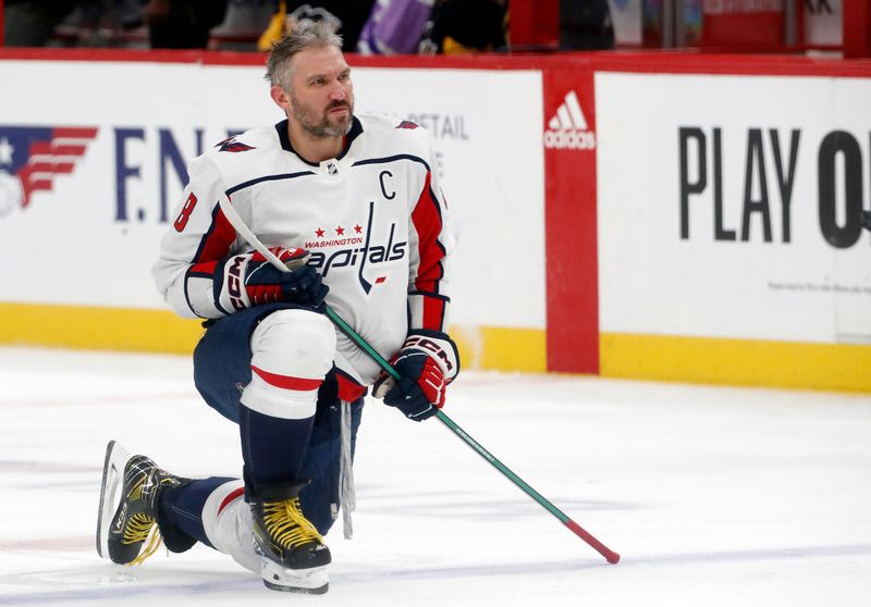 Mar 7, 2024; Pittsburgh, Pennsylvania, USA;  Washington Capitals left wing Alex Ovechkin (8) warms up before the game against the Pittsburgh Penguins at PPG Paints Arena. Mandatory Credit: Charles LeClaire-USA TODAY Sports