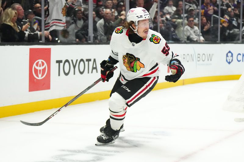 Nov 2, 2024; Los Angeles, California, USA; Chicago Blackhawks left wing Tyler Bertuzzi (59) celebrates after scoring a goal against the LA Kings in the third period at Crypto.com Arena. Mandatory Credit: Kirby Lee-Imagn Images