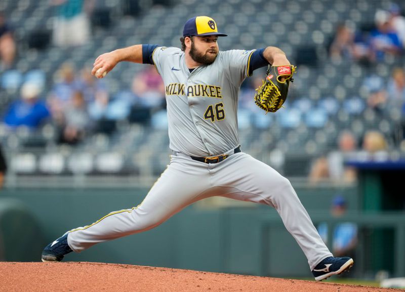 May 6, 2024; Kansas City, Missouri, USA; Milwaukee Brewers pitcher Bryse Wilson (46) pitches during the first inning against the Kansas City Royals at Kauffman Stadium. Mandatory Credit: Jay Biggerstaff-USA TODAY Sports