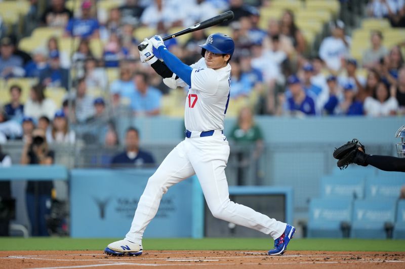 Jun 14, 2024; Los Angeles, California, USA; Los Angeles Dodgers designated hitter Shohei Ohtani (17) bats in the first inning against the Kansas City Royals at Dodger Stadium. Mandatory Credit: Kirby Lee-USA TODAY Sports