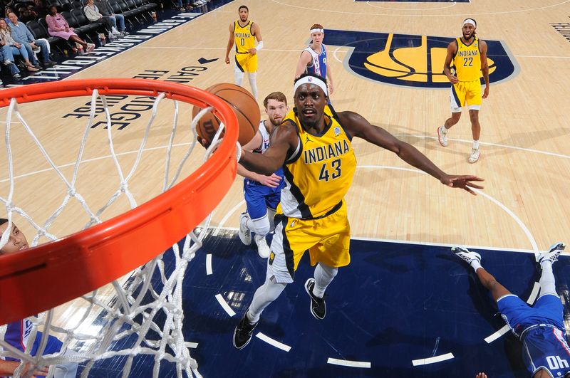 INDIANAPOLIS, IN - FEBRUARY 2: Pascal Siakam #43 of the Indiana Pacers drives to the basket during the game against the Sacramento Kings on February 2, 2024 at Gainbridge Fieldhouse in Indianapolis, Indiana. NOTE TO USER: User expressly acknowledges and agrees that, by downloading and or using this Photograph, user is consenting to the terms and conditions of the Getty Images License Agreement. Mandatory Copyright Notice: Copyright 2024 NBAE (Photo by Ron Hoskins/NBAE via Getty Images)