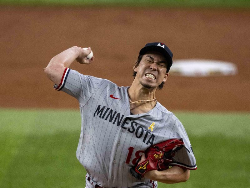 Sep 3, 2023; Arlington, Texas, USA; Minnesota Twins starting pitcher Kenta Maeda (18) pitches against the Texas Rangers during the first inning at Globe Life Field. Mandatory Credit: Jerome Miron-USA TODAY Sports