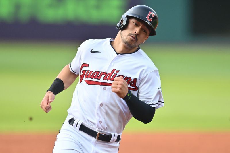 Jun 6, 2023; Cleveland, Ohio, USA; Cleveland Guardians left fielder Steven Kwan (38) rounds third base en route to scoring during the first inning against the Boston Red Sox at Progressive Field. Mandatory Credit: Ken Blaze-USA TODAY Sports