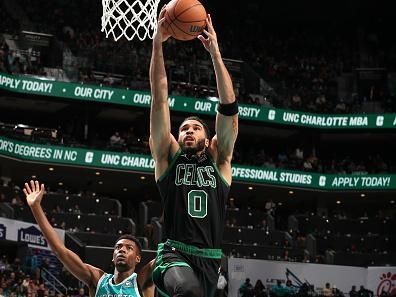 CHARLOTTE, NC - NOVEMBER 20: Jayson Tatum #0 of the Boston Celtics drives to the basket during the game against the Charlotte Hornets on November 20, 2023 at Spectrum Center in Charlotte, North Carolina. NOTE TO USER: User expressly acknowledges and agrees that, by downloading and or using this photograph, User is consenting to the terms and conditions of the Getty Images License Agreement. Mandatory Copyright Notice: Copyright 2023 NBAE (Photo by Kent Smith/NBAE via Getty Images)