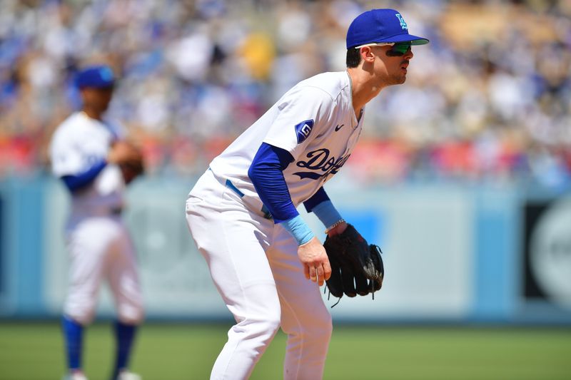 Jun 16, 2024; Los Angeles, California, USA; Los Angeles Dodgers third baseman Cavan Biggio (6) in position against the Kansas City Royals during the seventh inning at Dodger Stadium. Mandatory Credit: Gary A. Vasquez-USA TODAY Sports