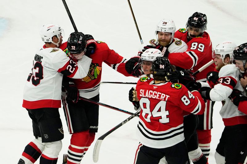 Mar 5, 2025; Chicago, Illinois, USA; The Ottawa Senators and the Chicago Blackhawks get into a scrum during the first period at United Center. Mandatory Credit: David Banks-Imagn Images