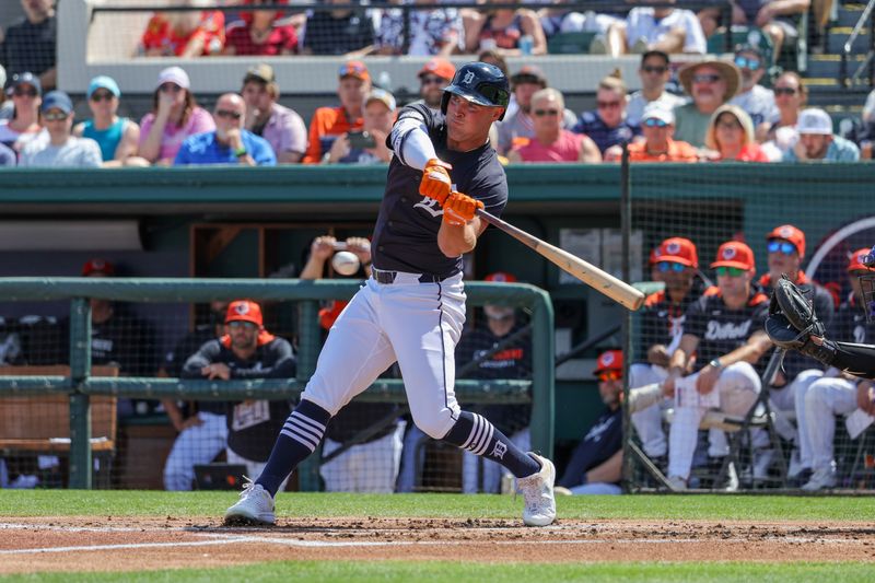 Mar 3, 2025; Lakeland, Florida, USA; Detroit Tigers outfielder Kerry Carpenter (30) bats during the first inning against the Toronto Blue Jays at Publix Field at Joker Marchant Stadium. Mandatory Credit: Mike Watters-Imagn Images