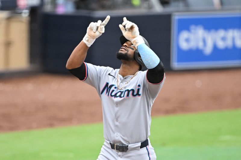 May 28, 2025; San Diego, California, USA; Miami Marlins second baseman Otto Lopez (6) celebrates after hitting a three-run home run during the fifth inning against the San Diego Padres at Petco Park. Mandatory Credit: Denis Poroy-Imagn Images