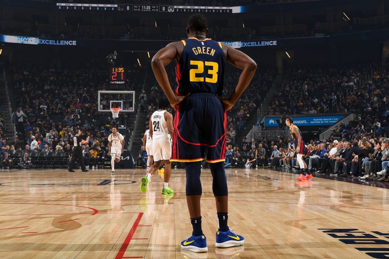 SAN FRANCISCO, CA - NOVEMBER 25: Draymond Green #23 of the Golden State Warriors looks on during the game against the Brooklyn Nets on November 25, 2024 at Chase Center in San Francisco, California. NOTE TO USER: User expressly acknowledges and agrees that, by downloading and or using this photograph, user is consenting to the terms and conditions of Getty Images License Agreement. Mandatory Copyright Notice: Copyright 2024 NBAE (Photo by Noah Graham/NBAE via Getty Images)