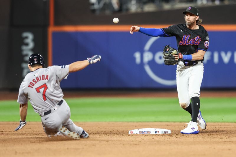 Sep 2, 2024; New York City, New York, USA;  New York Mets second baseman Jeff McNeil (1) throws past Boston Red Sox designated hitter Masataka Yoshida (7) to complete a double play in the fifth inning at Citi Field. Mandatory Credit: Wendell Cruz-USA TODAY Sports