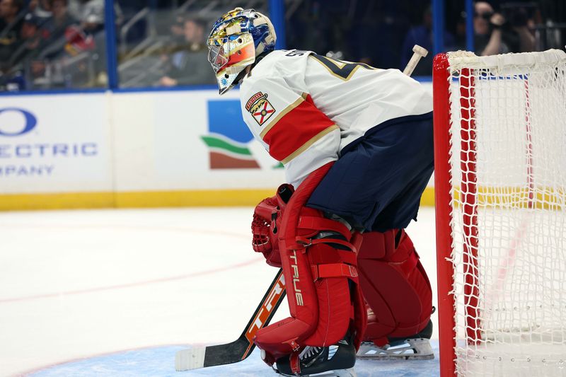 Oct 5, 2023; Tampa, Florida, USA; Florida Panthers goalie Anthony Stolarz (41) looks on against the Tampa Bay Lightning during the second period at Amalie Arena. Mandatory Credit: Kim Klement Neitzel-USA TODAY Sports