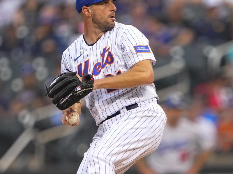 Jul 16, 2023; New York City, New York, USA; New York Mets pitcher Max Scherzer (21) delivers a pitch against the Los Angeles Dodgers during the first inning at Citi Field. Mandatory Credit: Gregory Fisher-USA TODAY Sports