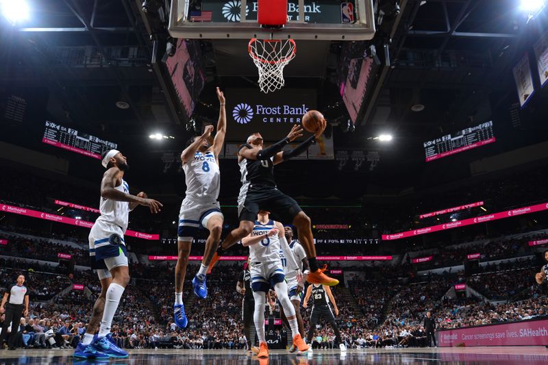 SAN ANTONIO, TX - NOVEMBER 2: Keldon Johnson #0 of the San Antonio Spurs drives to the basket during the game against the Minnesota Timberwolves on November 2, 2024 at the Frost Bank Center in San Antonio, Texas. NOTE TO USER: User expressly acknowledges and agrees that, by downloading and or using this photograph, user is consenting to the terms and conditions of the Getty Images License Agreement. Mandatory Copyright Notice: Copyright 2024 NBAE (Photos by Michael Gonzales/NBAE via Getty Images)