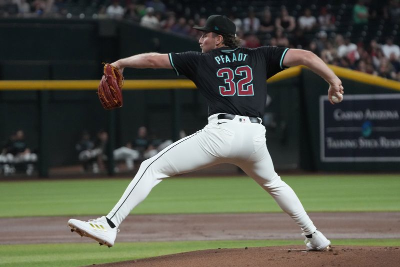 Aug 12, 2024; Phoenix, Arizona, USA; Arizona Diamondbacks pitcher Brandon Pfaadt (32) throws against the Colorado Rockies in the first inning at Chase Field. Mandatory Credit: Rick Scuteri-USA TODAY Sports