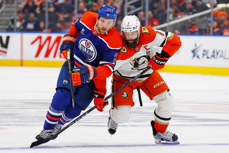 Mar 4, 2025; Edmonton, Alberta, CAN; Edmonton Oilers forward Leon Draisaitl (29) and Anaheim Ducks defensemen Radko Gudas (7) battles for position during the third period at Rogers Place. Mandatory Credit: Perry Nelson-Imagn Images