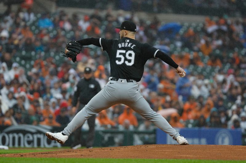 Sep 28, 2024; Detroit, Michigan, USA; Chicago White Sox starting pitcher Sean Burke (59) throws during the first inning of the game against the Detroit Tigers at Comerica Park. Mandatory Credit: Brian Bradshaw Sevald-Imagn Images