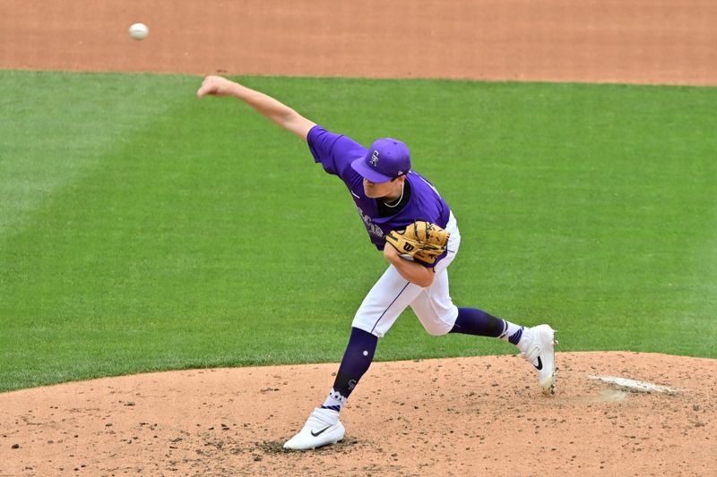 Mar 12, 2024; Salt River Pima-Maricopa, Arizona, USA;  Colorado Rockies starting pitcher Cal Quantrill (47) throws in the fourth inning against the Kansas City Royals during a spring training game at Salt River Fields at Talking Stick. Mandatory Credit: Matt Kartozian-USA TODAY Sports