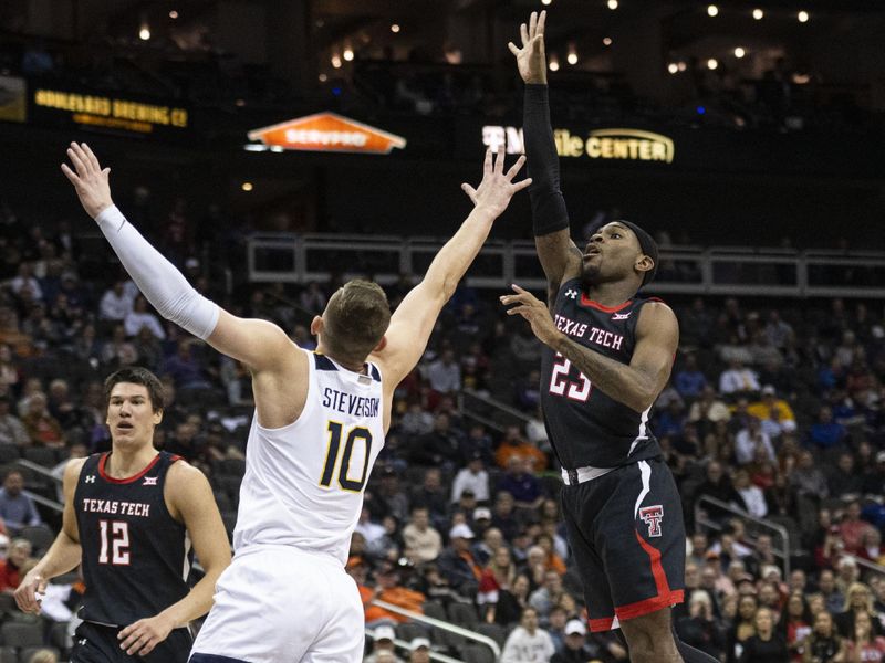 Mar 8, 2023; Kansas City, MO, USA; Texas Tech Red Raiders guard De'Vion Harmon (23) shoots the ball against West Virginia Mountaineers guard Erik Stevenson (10) in the first half at T-Mobile Center. Mandatory Credit: Amy Kontras-USA TODAY Sports