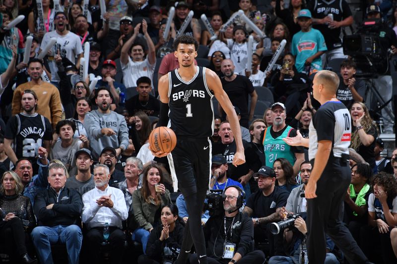 SAN ANTONIO, TX - NOVEMBER 2: Victor Wembanyama #1 of the San Antonio Spurs looks on during the game against the Minnesota Timberwolves on November 2, 2024 at the Frost Bank Center in San Antonio, Texas. NOTE TO USER: User expressly acknowledges and agrees that, by downloading and or using this photograph, user is consenting to the terms and conditions of the Getty Images License Agreement. Mandatory Copyright Notice: Copyright 2024 NBAE (Photos by Michael Gonzales/NBAE via Getty Images)