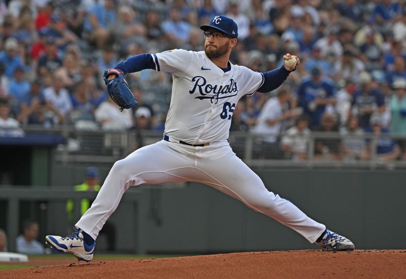 Jun 10, 2025; Kansas City, Missouri, USA;  Kansas City Royals starting pitcher Noah Cameron (65) throws a pitch in the first inning against the New York Yankees at Kauffman Stadium. Mandatory Credit: Peter Aiken-Imagn Images