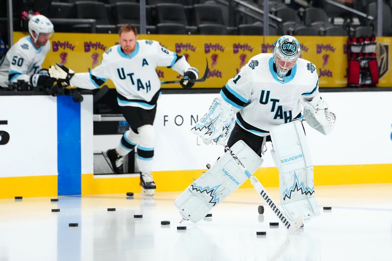 Sep 27, 2024; Las Vegas, Nevada, USA; Utah Hockey Club goaltender Matt Villalta (31) takes the ice to warm up before the start of a game against the Vegas Golden Knights at T-Mobile Arena. Mandatory Credit: Stephen R. Sylvanie-Imagn Images