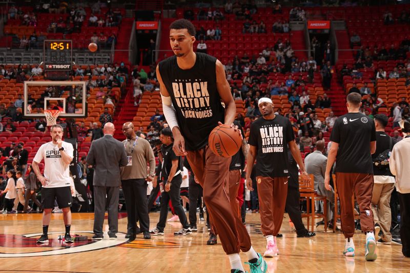 MIAMI, FL - FEBRUARY 7: Victor Wembanyama #1 of the San Antonio Spurs warms up before the game against the Miami Heat on February 7, 2024 at Kaseya Center in Miami, Florida. NOTE TO USER: User expressly acknowledges and agrees that, by downloading and or using this Photograph, user is consenting to the terms and conditions of the Getty Images License Agreement. Mandatory Copyright Notice: Copyright 2024 NBAE (Photo by Issac Baldizon/NBAE via Getty Images)