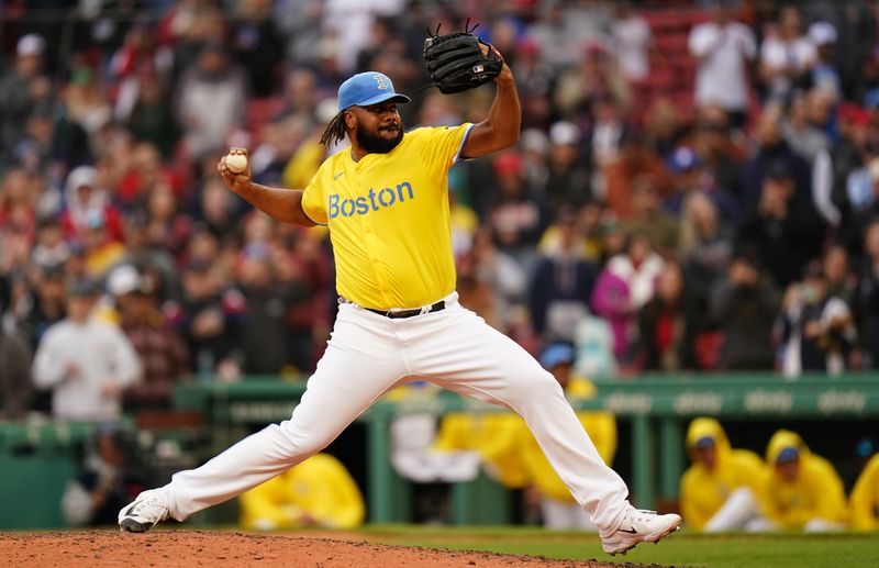 Apr 14, 2024; Boston, Massachusetts, USA; Boston Red Sox relief pitcher Kenley Jansen (74) throws the last pitch of the game striking out Los Angeles Angels center fielder Mike Trout (27) (not pictured) to end the game in the ninth inning at Fenway Park. Mandatory Credit: David Butler II-USA TODAY Sports