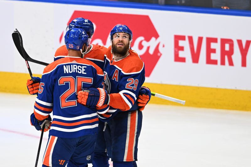 Jun 13, 2024; Edmonton, Alberta, CAN; Edmonton Oilers defenseman Philip Broberg (86) celebrates a goal with teammates in the third period against the Florida Panthers in game three of the 2024 Stanley Cup Final at Rogers Place. Mandatory Credit: Walter Tychnowicz-USA TODAY Sports