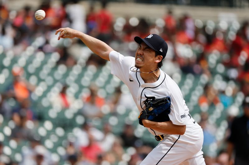 Aug 15, 2024; Detroit, Michigan, USA;  Detroit Tigers pitcher Kenta Maeda (18) throws against the Seattle Mariners in the third inning at Comerica Park. Mandatory Credit: Rick Osentoski-USA TODAY Sports