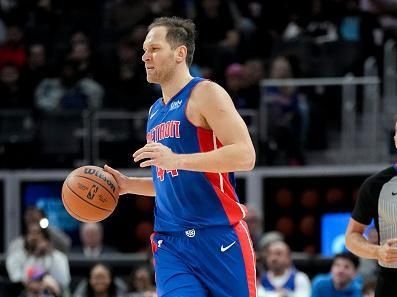 DETROIT, MICHIGAN - DECEMBER 06: Bojan Bogdanovic #44 of the Detroit Pistons handles the ball against the Memphis Grizzlies at Little Caesars Arena on December 06, 2023 in Detroit, Michigan. NOTE TO USER: User expressly acknowledges and agrees that, by downloading and or using this photograph, User is consenting to the terms and conditions of the Getty Images License Agreement. (Photo by Nic Antaya/Getty Images)