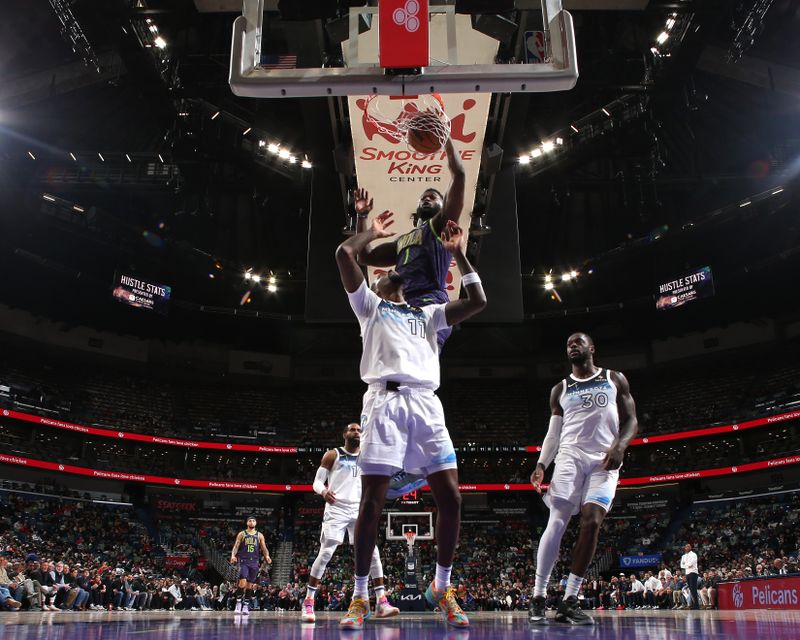 NEW ORLEANS, LA - JANUARY 7: Zion Williamson #1 of the New Orleans Pelicans dunks the ball during the game against the Minnesota Timberwolves on January 7, 2025 at the Smoothie King Center in New Orleans, Louisiana. NOTE TO USER: User expressly acknowledges and agrees that, by downloading and or using this Photograph, user is consenting to the terms and conditions of the Getty Images License Agreement. Mandatory Copyright Notice: Copyright 2025 NBAE(Photo by Layne Murdoch Jr./NBAE via Getty Images)