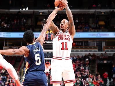 CHICAGO, IL - DECEMBER 2: DeMar DeRozan #11 of the Chicago Bulls shoots the ball during the game against the New Orleans Pelicans on December 2, 2023 at United Center in Chicago, Illinois. NOTE TO USER: User expressly acknowledges and agrees that, by downloading and or using this photograph, User is consenting to the terms and conditions of the Getty Images License Agreement. Mandatory Copyright Notice: Copyright 2023 NBAE (Photo by Jeff Haynes/NBAE via Getty Images)