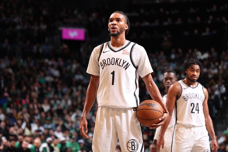 BROOKLYN, NY - NOVEMBER 13: Ziaire Williams #1 of the Brooklyn Nets shoots a free throw during the game against the Boston Celtics on November 13, 2024 at Barclays Center in Brooklyn, New York. NOTE TO USER: User expressly acknowledges and agrees that, by downloading and or using this Photograph, user is consenting to the terms and conditions of the Getty Images License Agreement. Mandatory Copyright Notice: Copyright 2024 NBAE (Photo by Jeff Haynes/NBAE via Getty Images)