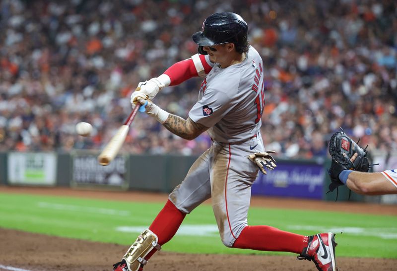 Aug 20, 2024; Houston, Texas, USA; Boston Red Sox center fielder Jarren Duran (16) hits an RBI double during the fourth inning against the Houston Astros at Minute Maid Park. Mandatory Credit: Troy Taormina-USA TODAY Sports