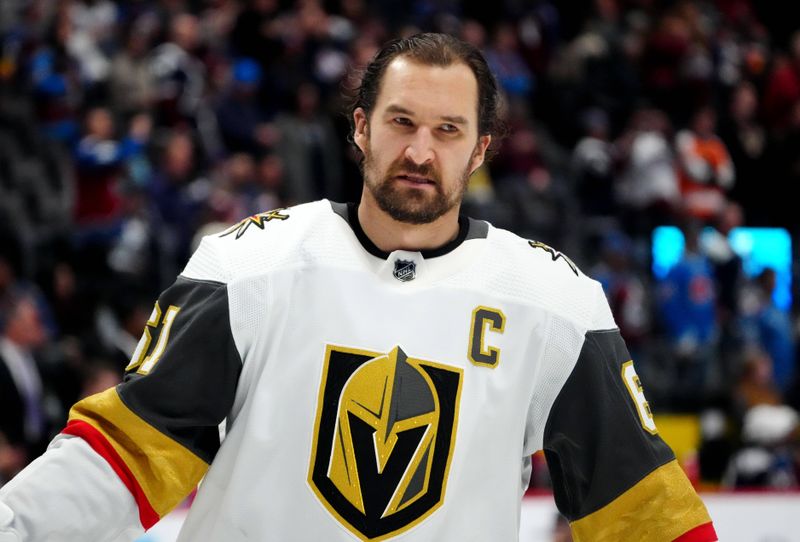 Jan 10, 2024; Denver, Colorado, USA; Vegas Golden Knights right wing Mark Stone (61) before the game against the Colorado Avalanche at Ball Arena. Mandatory Credit: Ron Chenoy-USA TODAY Sports