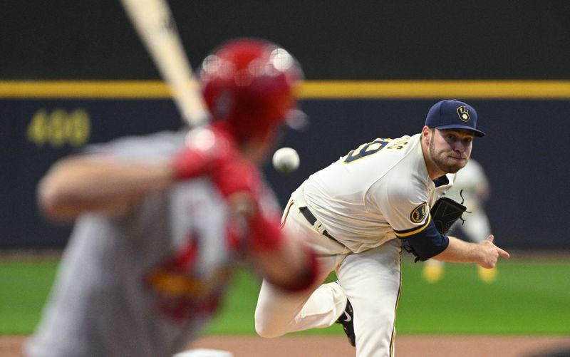 Sep 28, 2023; Milwaukee, Wisconsin, USA; Milwaukee Brewers starting pitcher Corbin Burnes (39) delivers a pitch against the St. Louis Cardinals in the first inning at American Family Field. Mandatory Credit: Michael McLoone-USA TODAY Sports