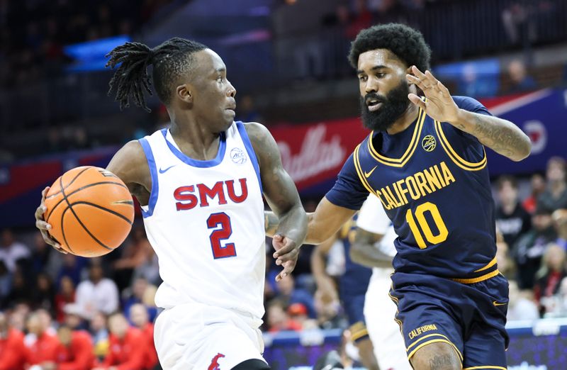 Jan 29, 2025; Dallas, Texas, USA;  Southern Methodist Mustangs guard Boopie Miller (2) drives to the basket as California Golden Bears guard Jovan Blacksher Jr. (10) defends during the first half at Moody Coliseum. Mandatory Credit: Kevin Jairaj-Imagn Images