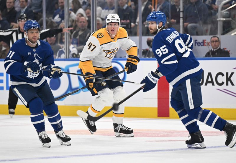 Oct 14, 2025; Toronto, Ontario, CAN;  Nashville Predators forward Michael McCarron (47) pursues the puck against Toronto Maple Leafs forward Max Domi (11) and defenseman Oliver Ekman-Larsson (95) in the second period at Scotiabank Arena. Mandatory Credit: Dan Hamilton-Imagn Images