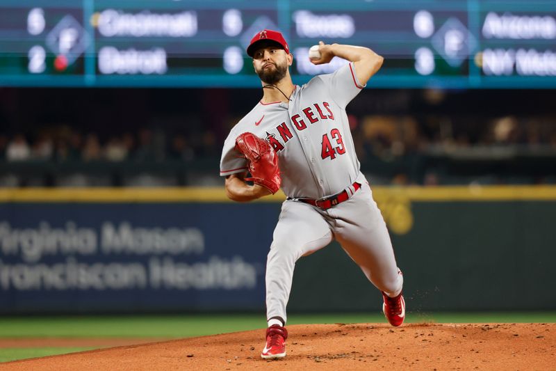 Sep 12, 2023; Seattle, Washington, USA; Los Angeles Angels starting pitcher Patrick Sandoval (43) throws against the Seattle Marinersd during the first inning at T-Mobile Park. Mandatory Credit: Joe Nicholson-USA TODAY Sports