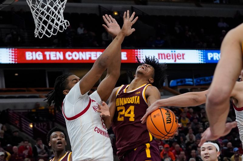 Mar 8, 2023; Chicago, IL, USA; Nebraska Cornhuskers forward Derrick Walker (13) defends Minnesota Golden Gophers forward Jaden Henley (24) during the second half at United Center. Mandatory Credit: David Banks-USA TODAY Sports