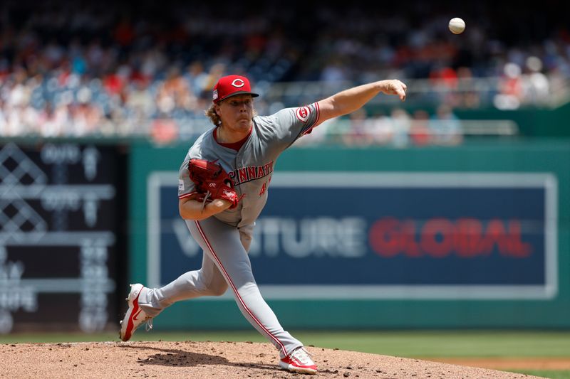 Jul 21, 2024; Washington, District of Columbia, USA; Cincinnati Reds starting pitcher Andrew Abbott (41) pitches against the Washington Nationals during the first inning at Nationals Park. Mandatory Credit: Geoff Burke-USA TODAY Sports