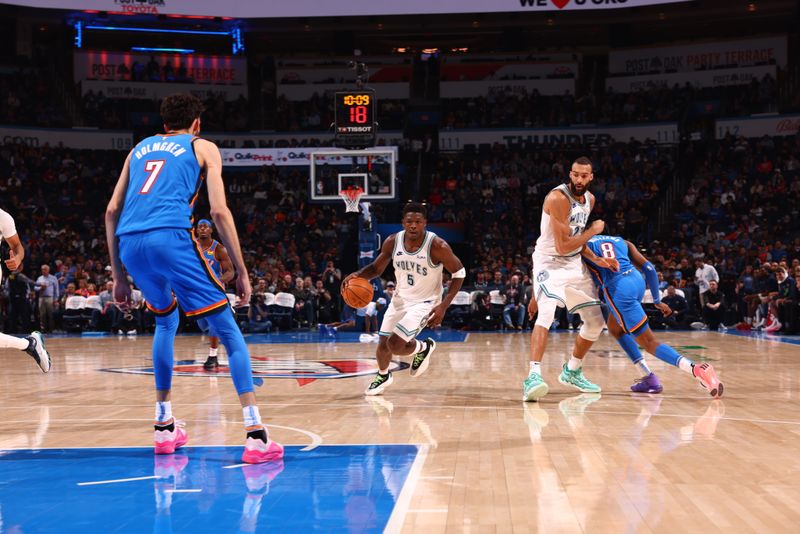 OKLAHOMA CITY, OK - JANUARY 29: Anthony Edwards #5 of the Minnesota Timberwolves handles the ball during the game against the Oklahoma City Thunder on January 29, 2024 at Paycom Arena in Oklahoma City, Oklahoma. NOTE TO USER: User expressly acknowledges and agrees that, by downloading and or using this photograph, User is consenting to the terms and conditions of the Getty Images License Agreement. Mandatory Copyright Notice: Copyright 2024 NBAE (Photo by Zach Beeker/NBAE via Getty Images)