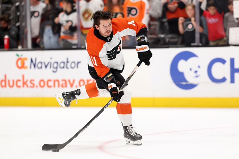 Nov 10, 2023; Anaheim, California, USA; Philadelphia Flyers right wing Travis Konecny (11) warms up before the game against the Anaheim Ducks at Honda Center. Mandatory Credit: Kiyoshi Mio-USA TODAY Sports