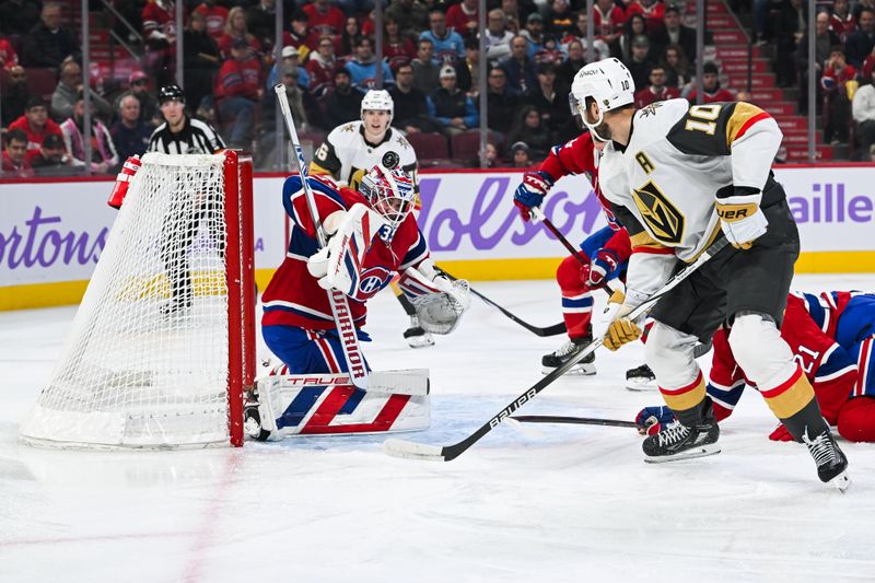 Nov 23, 2024; Montreal, Quebec, CAN; Montreal Canadiens goalie Sam Montembeault (35) makes a save against Las Vegas Golden Knights center Nicolas Roy (10) during the first period at Bell Centre. Mandatory Credit: David Kirouac-Imagn Images