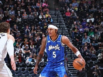 SALT LAKE CITY, UT - NOVEMBER 2: Paolo Banchero #5 of the Orlando Magic dribbles the ball during the game against the Utah Jazz on November 2, 2023 at Delta Center in Salt Lake City, Utah. NOTE TO USER: User expressly acknowledges and agrees that, by downloading and or using this Photograph, User is consenting to the terms and conditions of the Getty Images License Agreement. Mandatory Copyright Notice: Copyright 2023 NBAE (Photo by Melissa Majchrzak/NBAE via Getty Images)