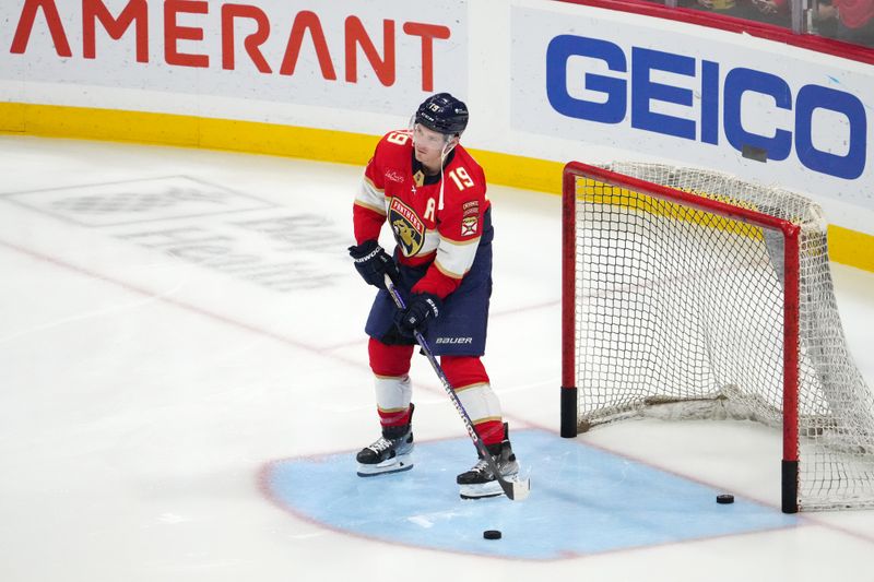 Nov 10, 2023; Sunrise, Florida, USA; Florida Panthers left wing Matthew Tkachuk (19) warms up prior to the game against the Carolina Hurricanes at Amerant Bank Arena. Mandatory Credit: Jasen Vinlove-USA TODAY Sports