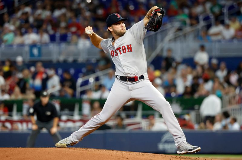 Jul 2, 2024; Miami, Florida, USA;  Boston Red Sox starting pitcher Kutter Crawford (50) throws against the Miami Marlins in the first inning at loanDepot Park. Mandatory Credit: Rhona Wise-USA TODAY Sports